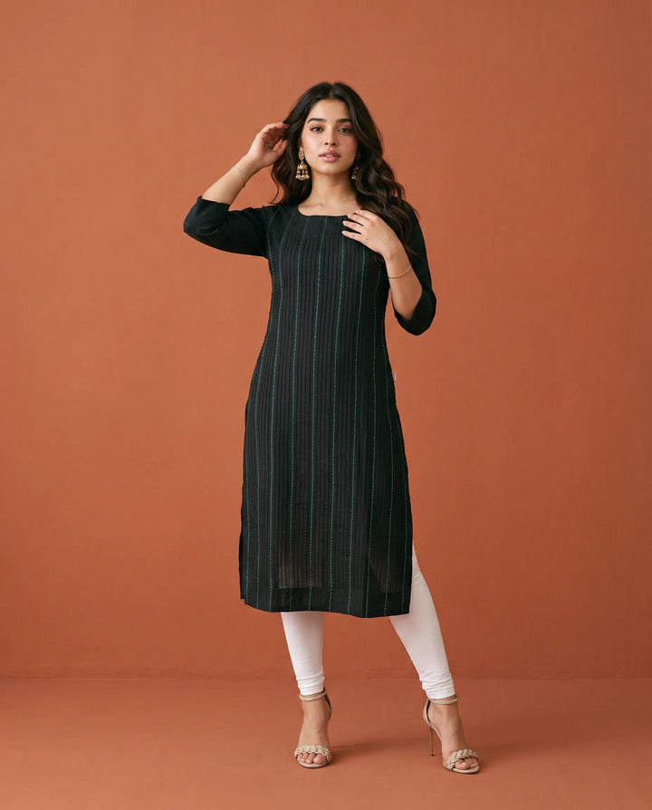 Black Embroidered Cotton Straight cut Long Kurta