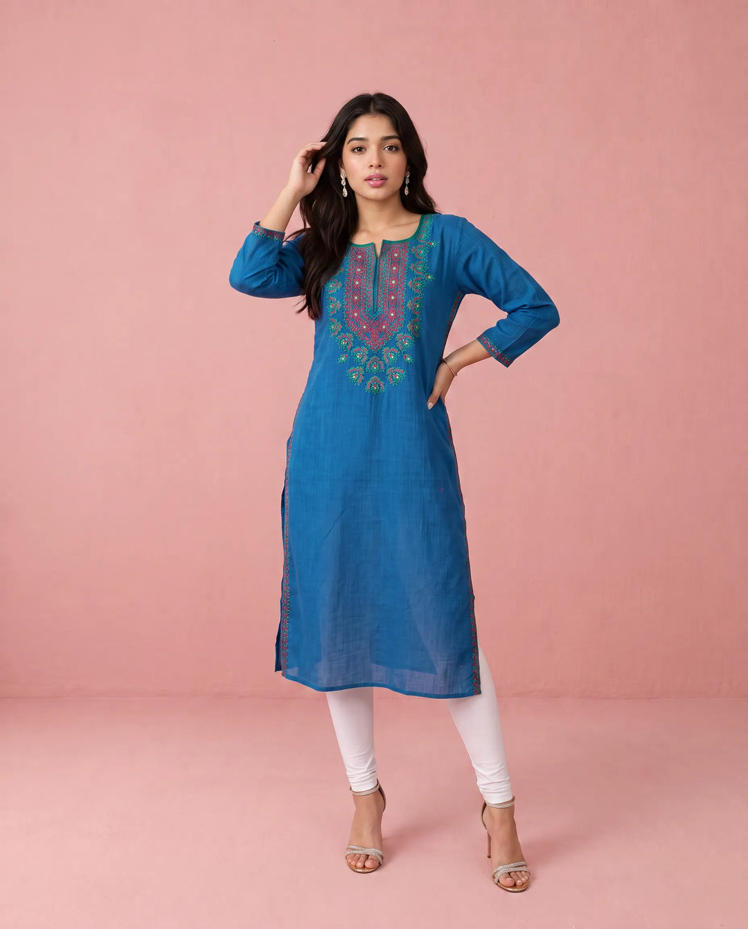 Navy Embroidered Cotton Straight cut Long Kurta