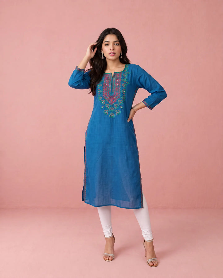 Navy Embroidered Cotton Straight cut Long Kurta