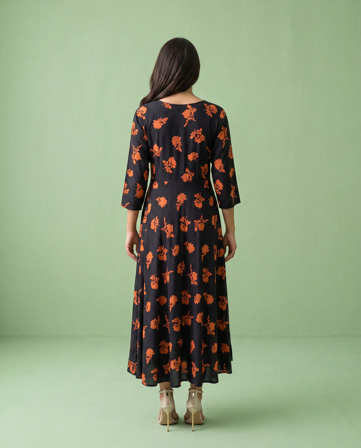 Black Printed Rayon Maxi Dress