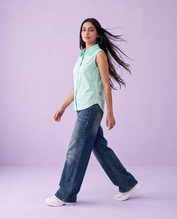 Turquoise Solid Cotton Satin Sleeveless Top