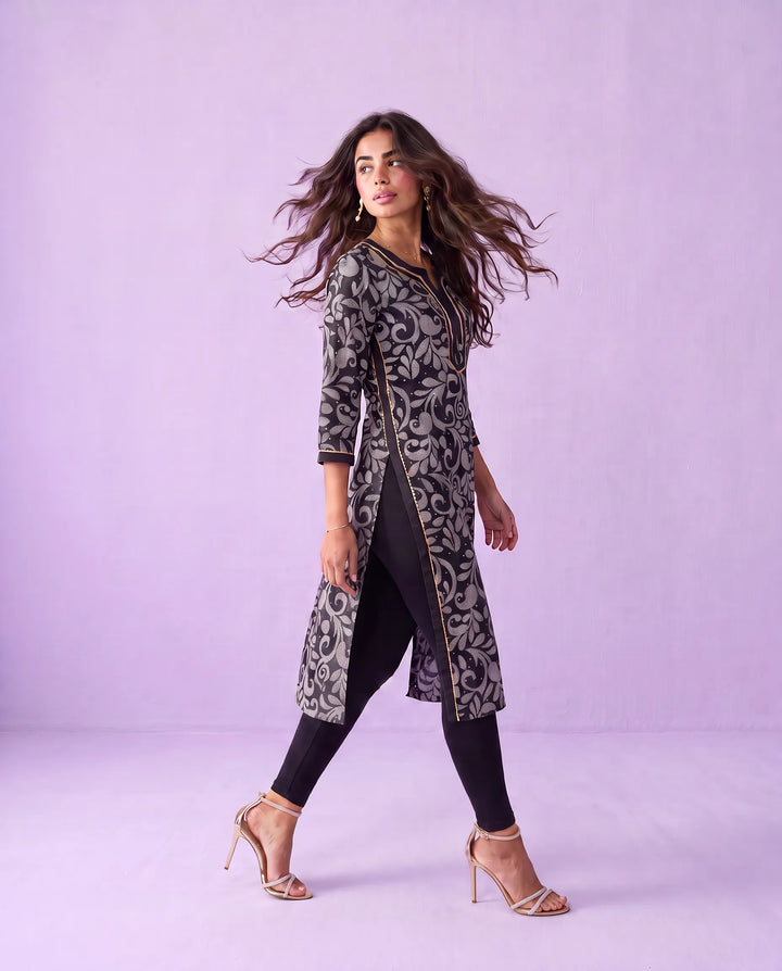 Black Printed Viscose Blended Straight cut Long Kurta