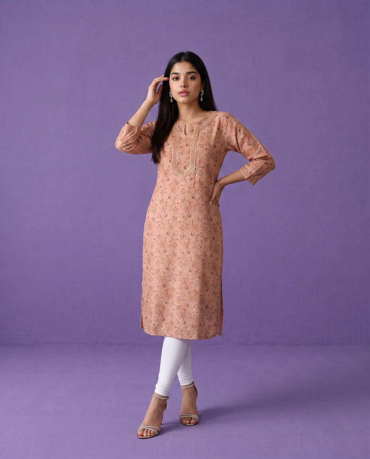 Peach Printed Viscose Blended Straight cut Long Kurta