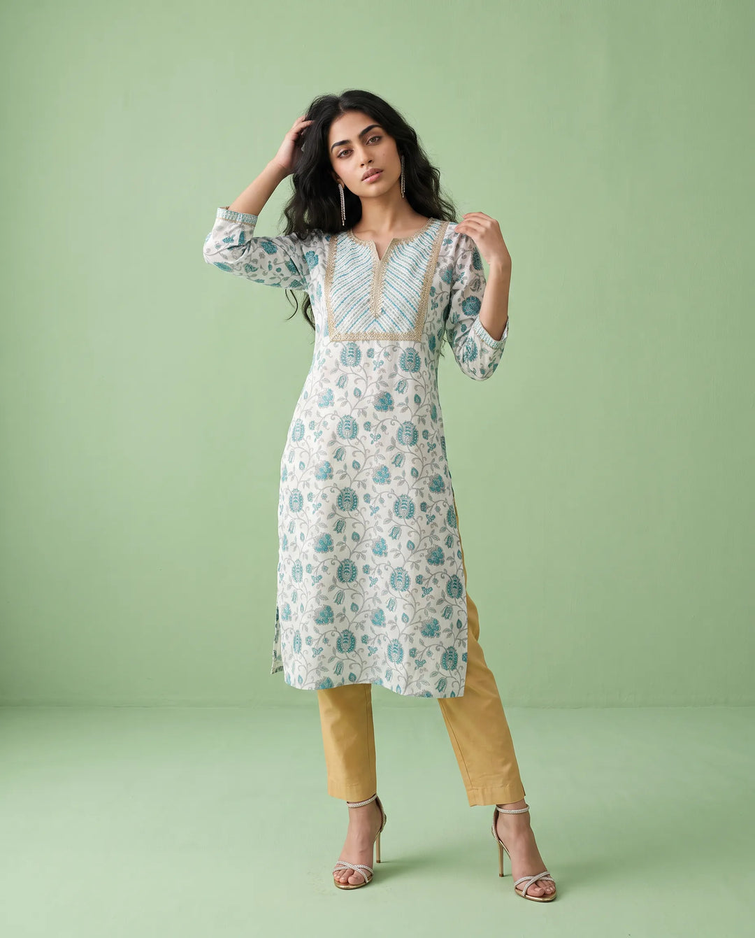 Blue Printed Viscose Blended Straight cut Long Kurta