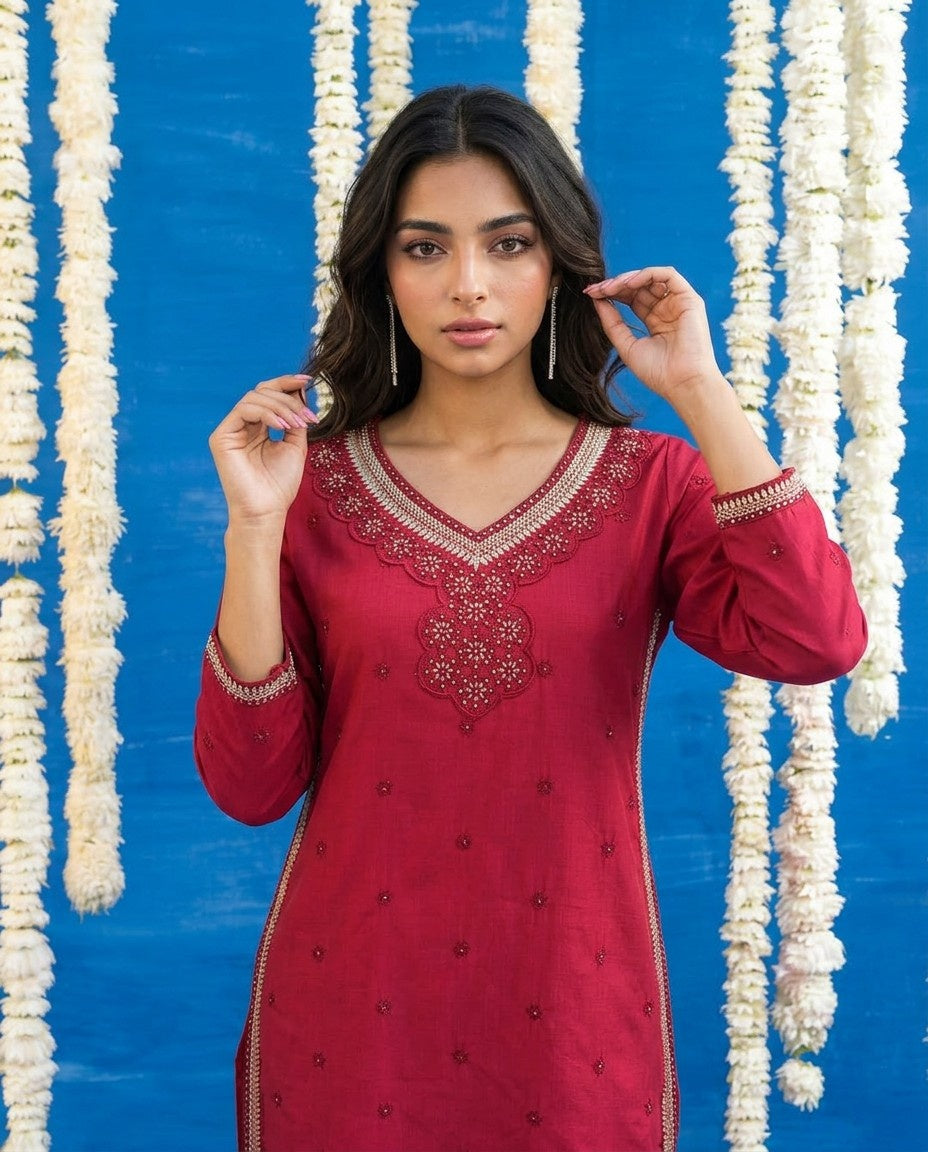 Magenta Embroidered Viscose Blended Straight cut Long Kurta