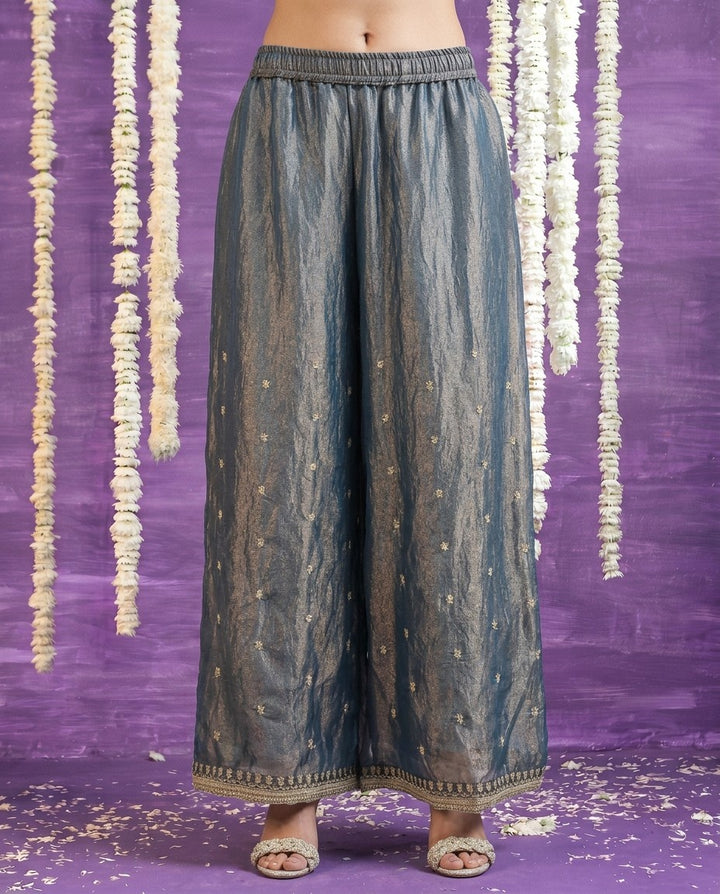 Grey Embriodered Silk Blended Spaghetti Strap Kurta Bottom Dupatta Set