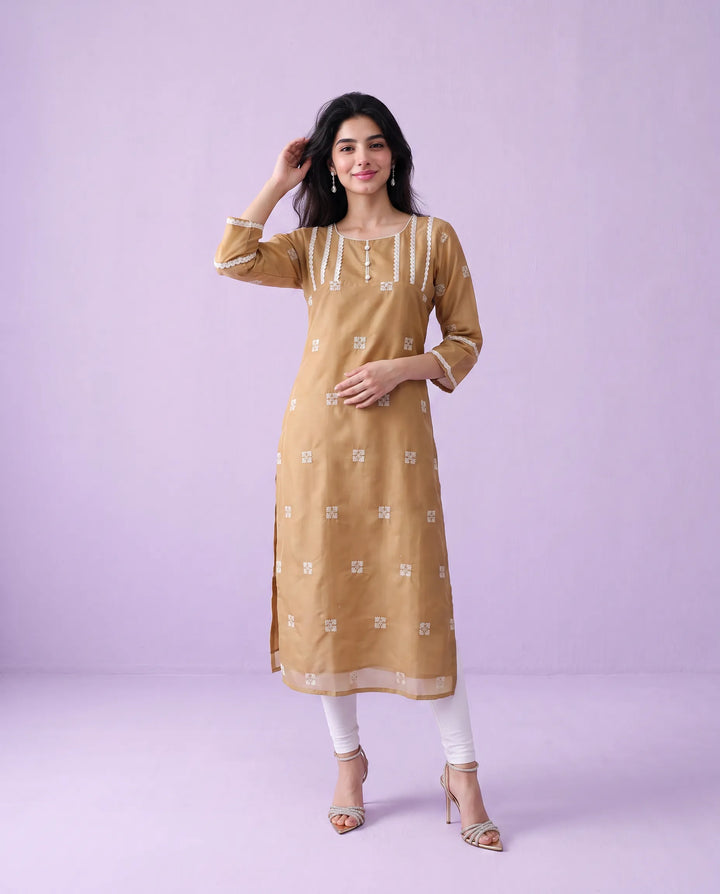 Beige Embroidered Viscose Blended Straight Cut Long Kurta