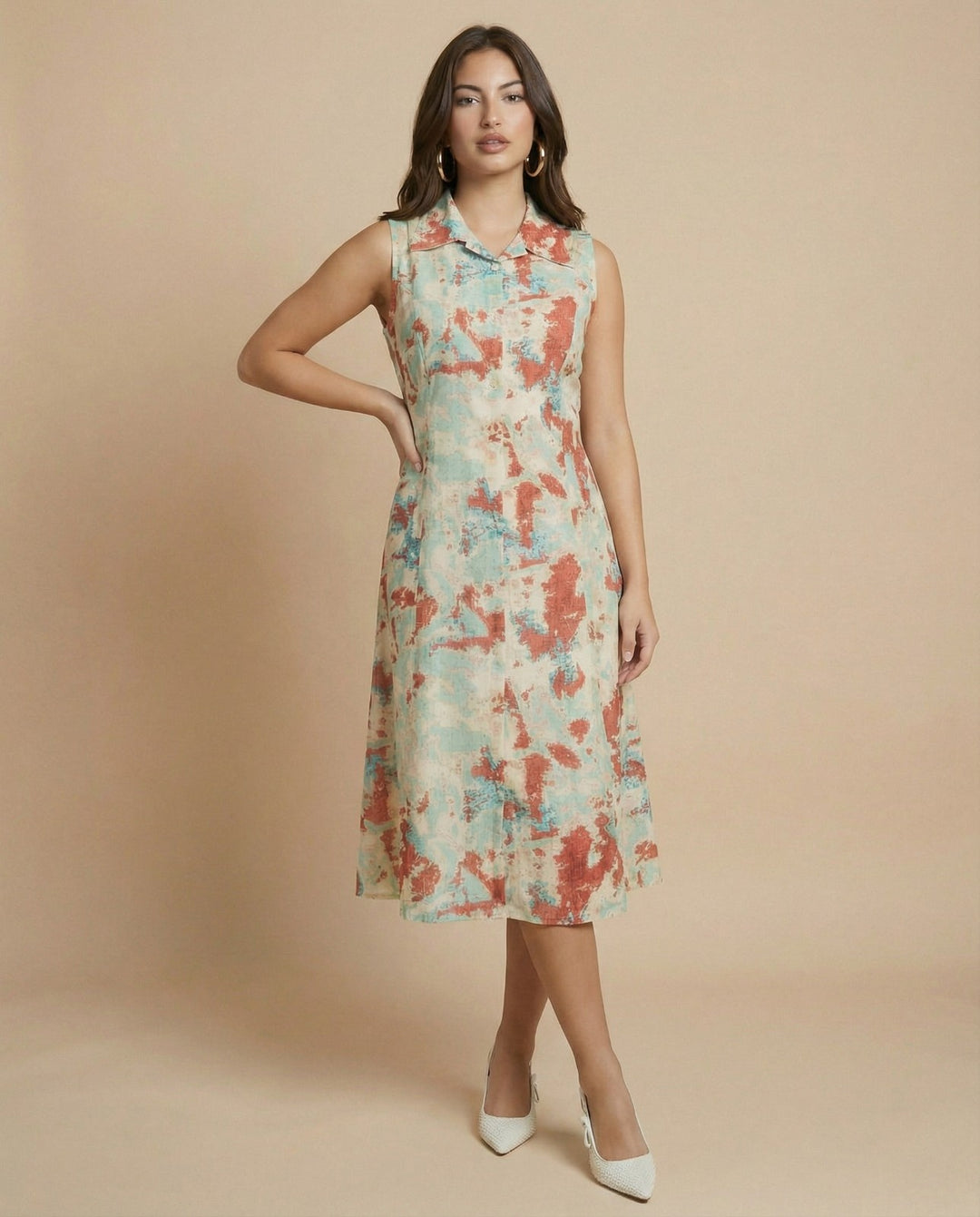 Multi-colour Printed Cotton Blended Midi Dress