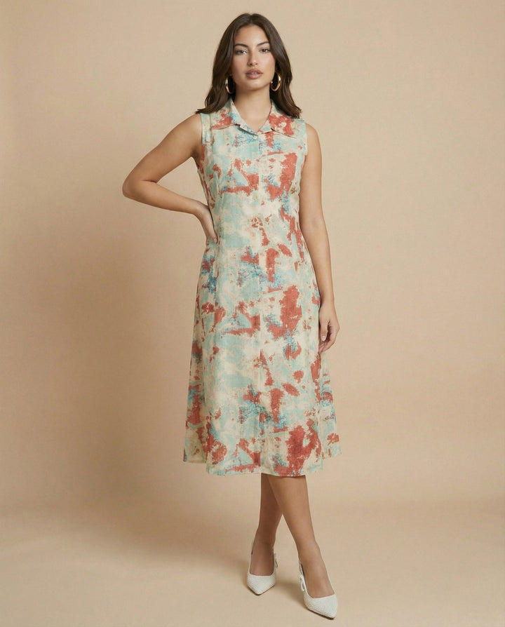 Multi-colour Printed Cotton Blended Midi Dress
