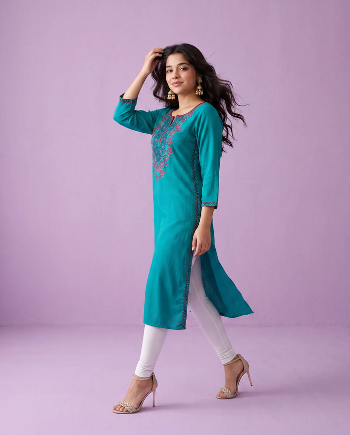 Rama Embroidered Cotton Straight cut Long Kurta