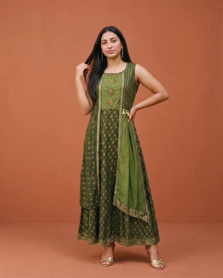 Green Printed Rayon Sleeveless Maxi Dress