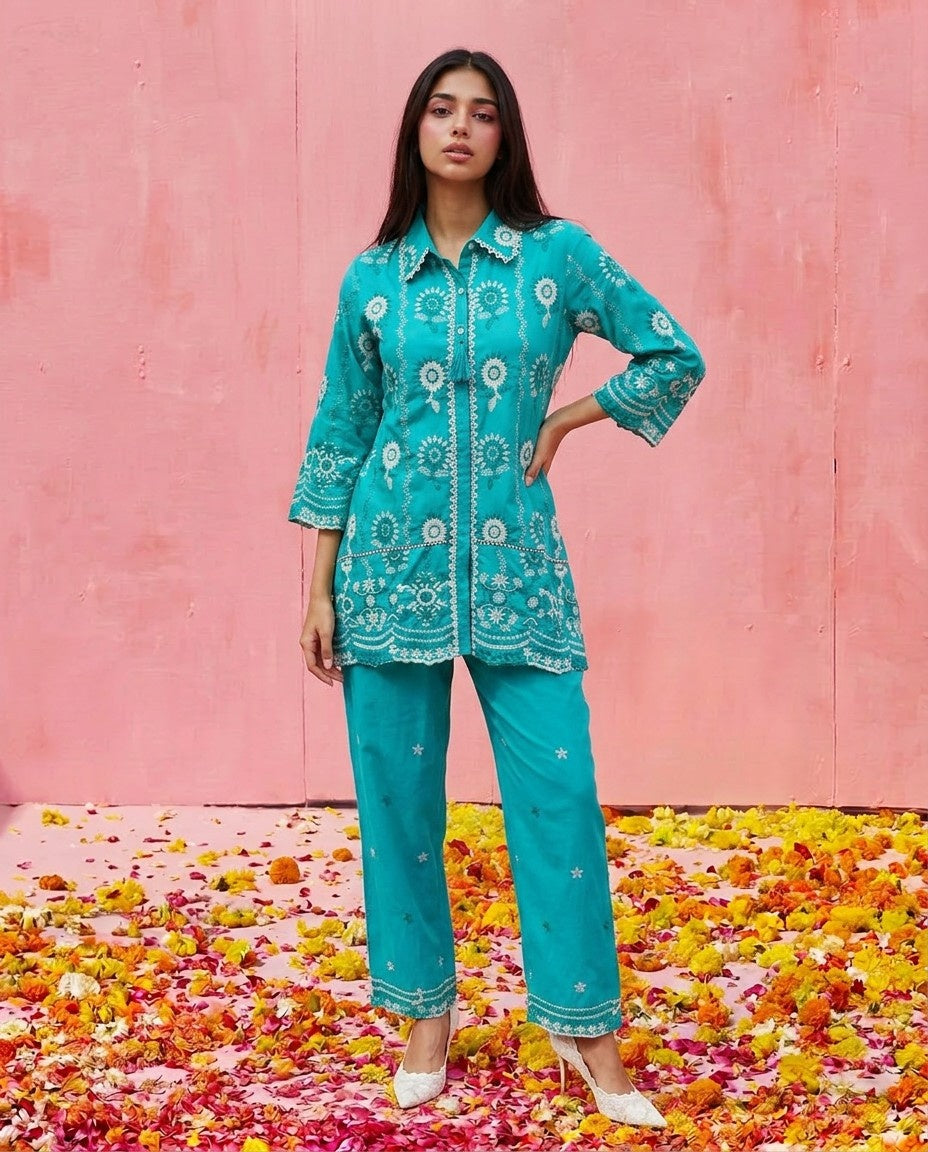 Turquoise Embroidered Cotton Satin Co-Ord Set