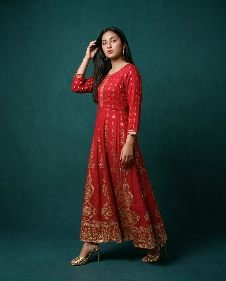 Maroon Printed Rayon Maxi Dress