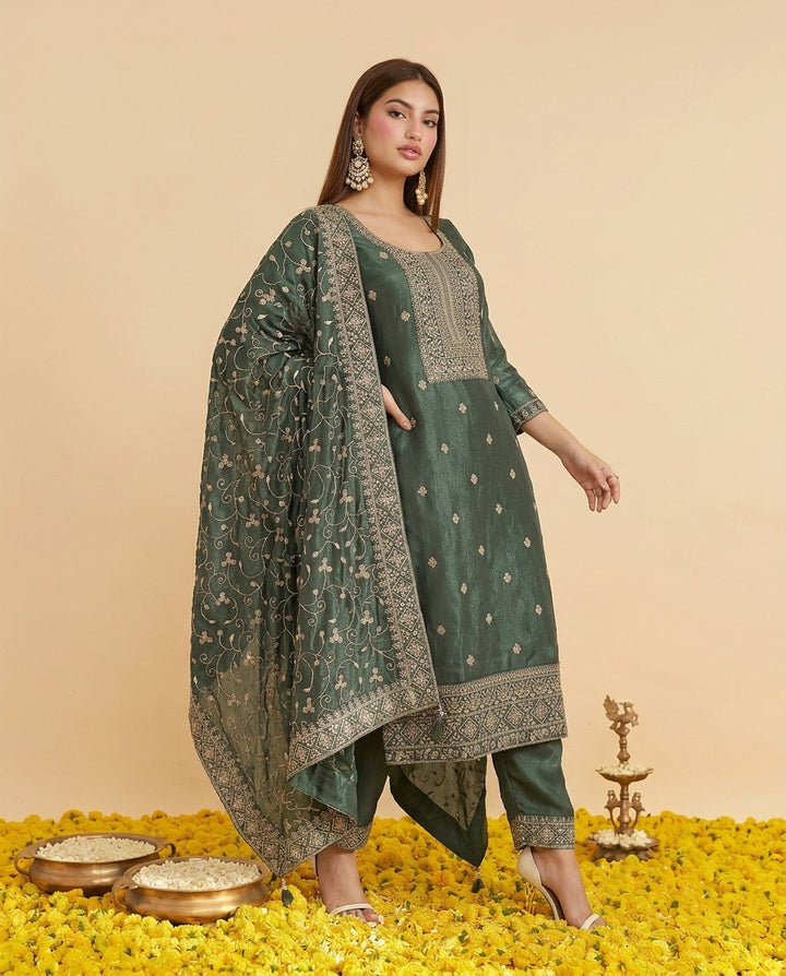 Pista Embriodered Silk Blended Kurta Bottom Dupatta Set