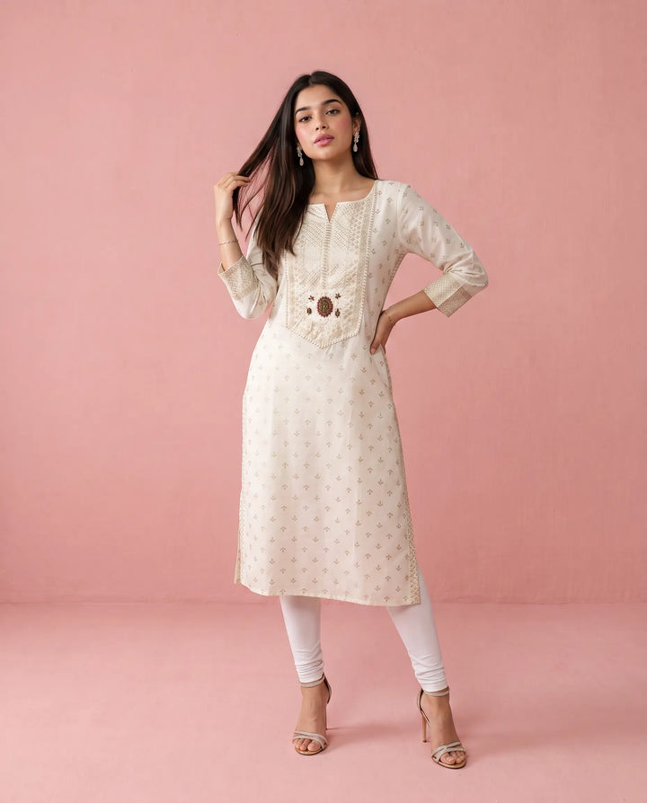 White Printed Cotton Straight cut Long Kurta