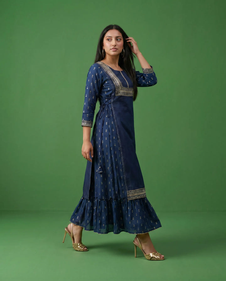 Navy Printed Viscose Blended Maxi Dress