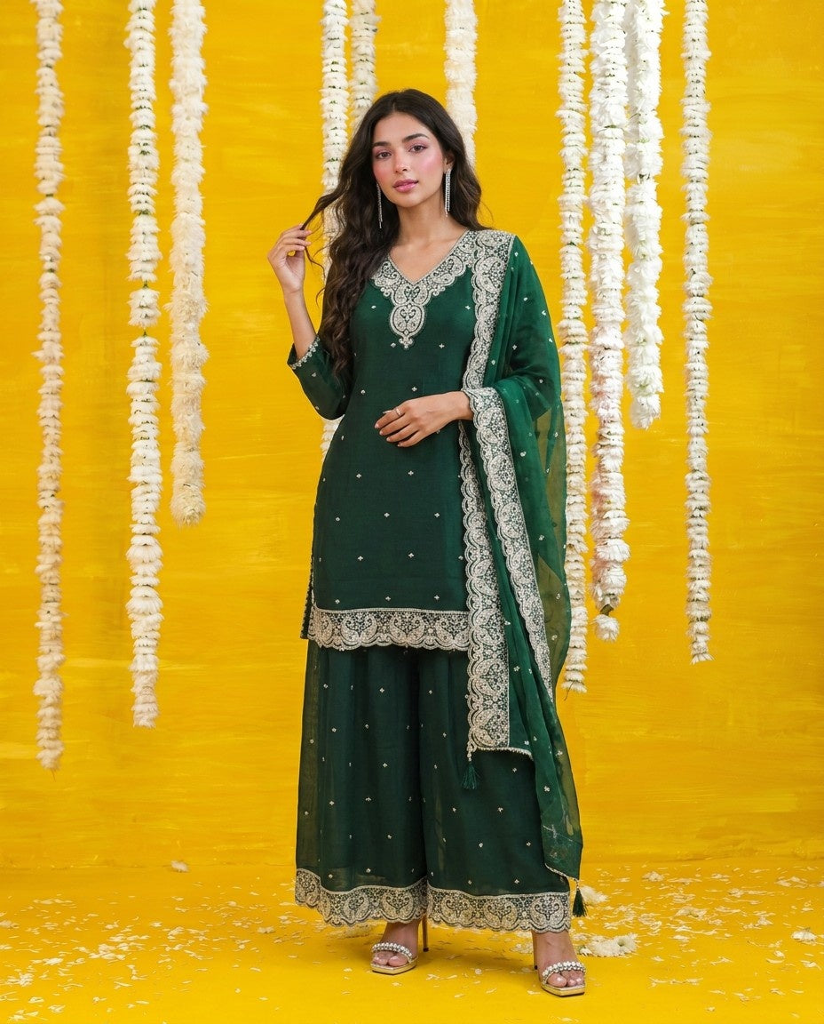 Green Embriodered Silk Blended 3/4 Sleeves Kurta Bottom Dupatta Set