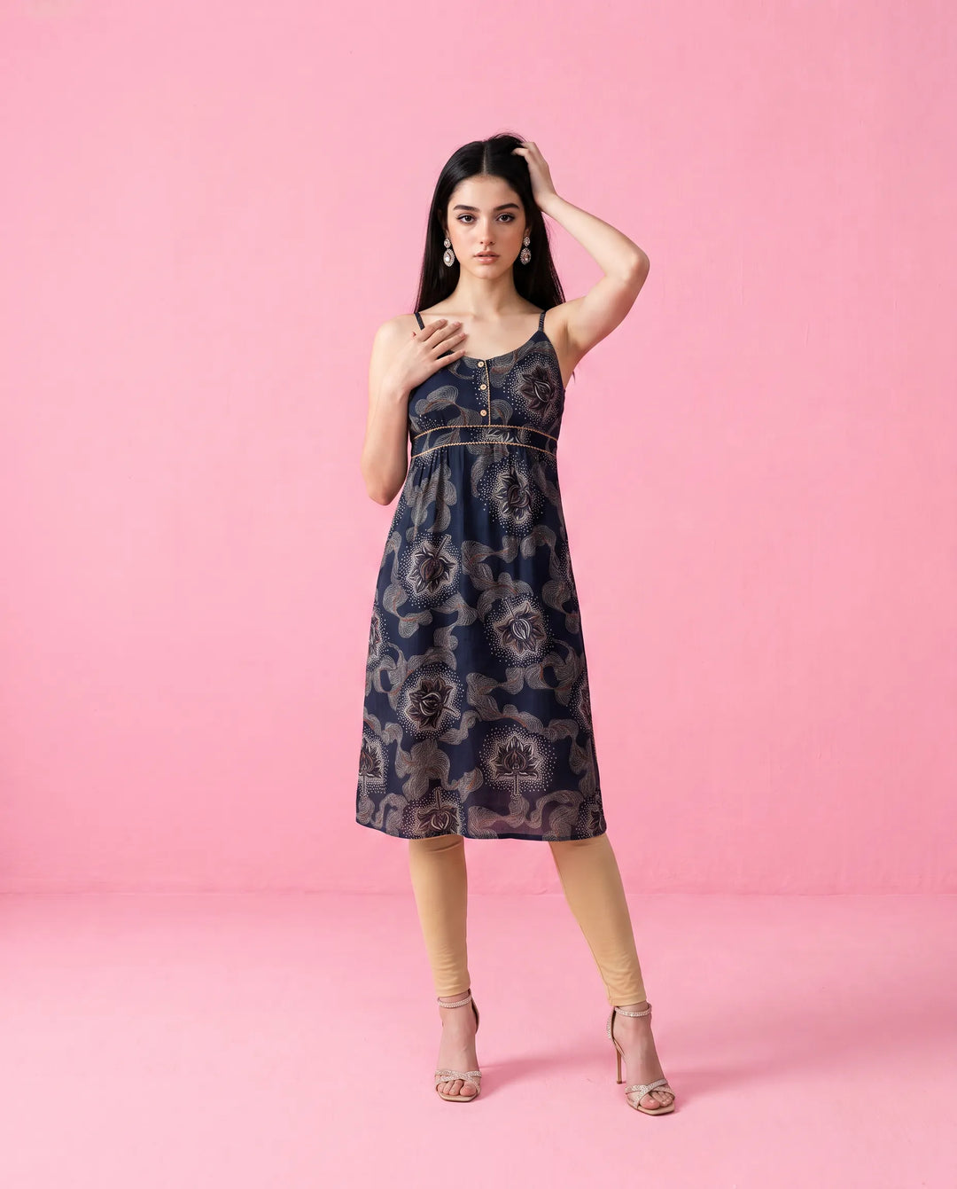Navy Printed Viscose Blended Spaghetti Strap Straight Cut Long Kurta