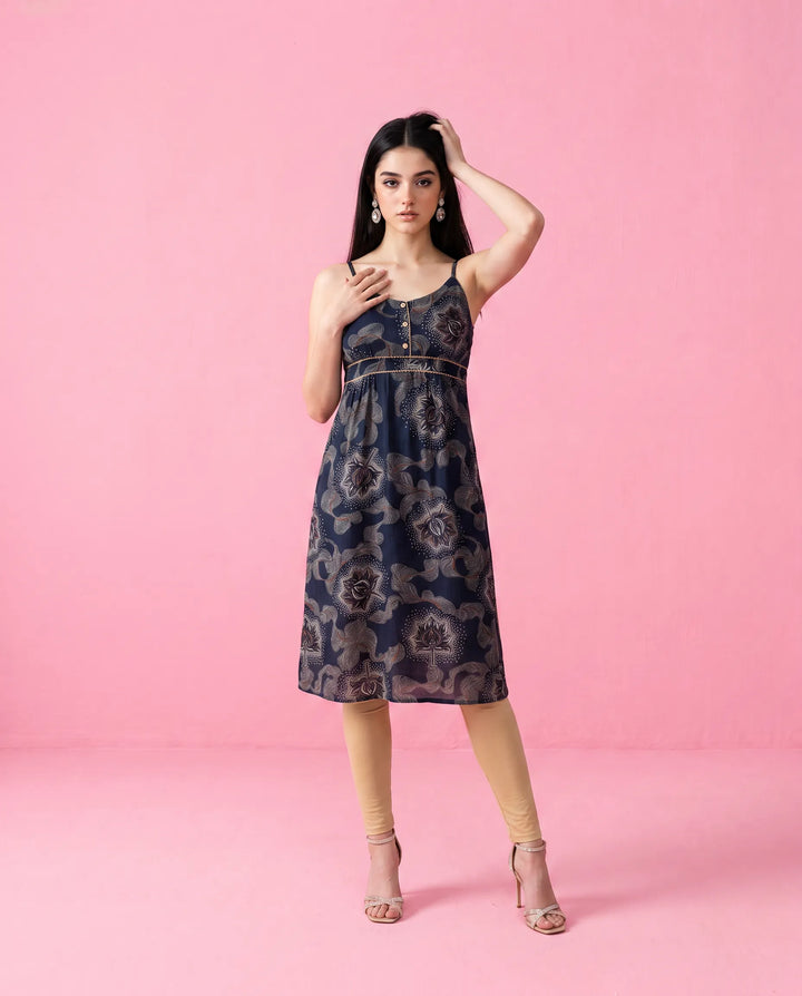 Navy Printed Viscose Blended Spaghetti Strap Straight Cut Long Kurta