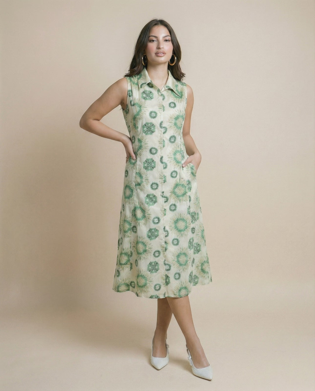 White and Green Printed Linen Blended Midi Dress