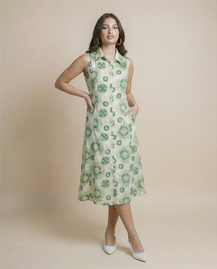 White and Green Printed Linen Blended Midi Dress