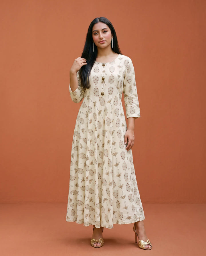 White Printed Rayon Maxi Dress