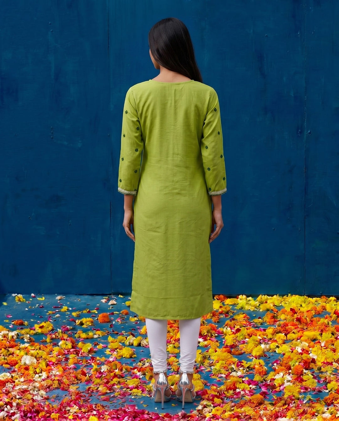 Green Embroidered Viscose Blended Straight cut Long Kurta