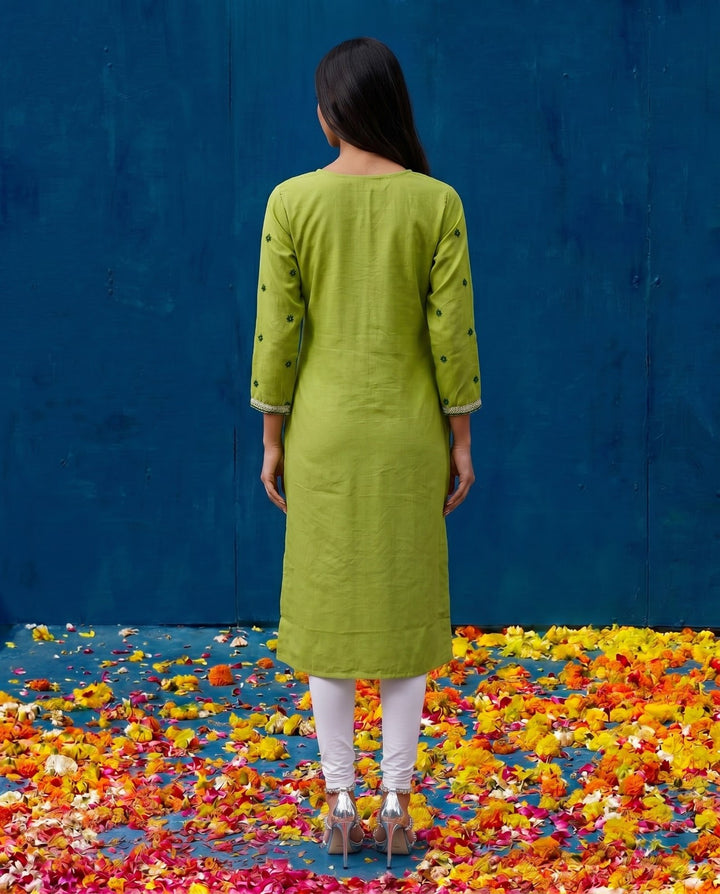 Green Embroidered Viscose Blended Straight cut Long Kurta