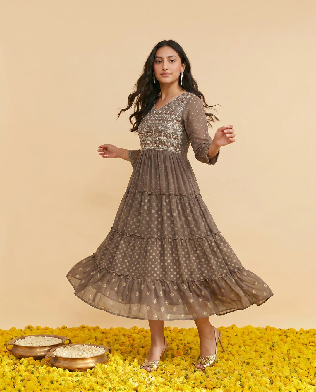 Brown Embriodered Georgette Maxi Dress