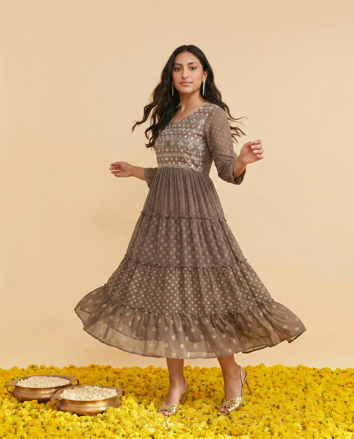 Brown Embriodered Georgette Maxi Dress