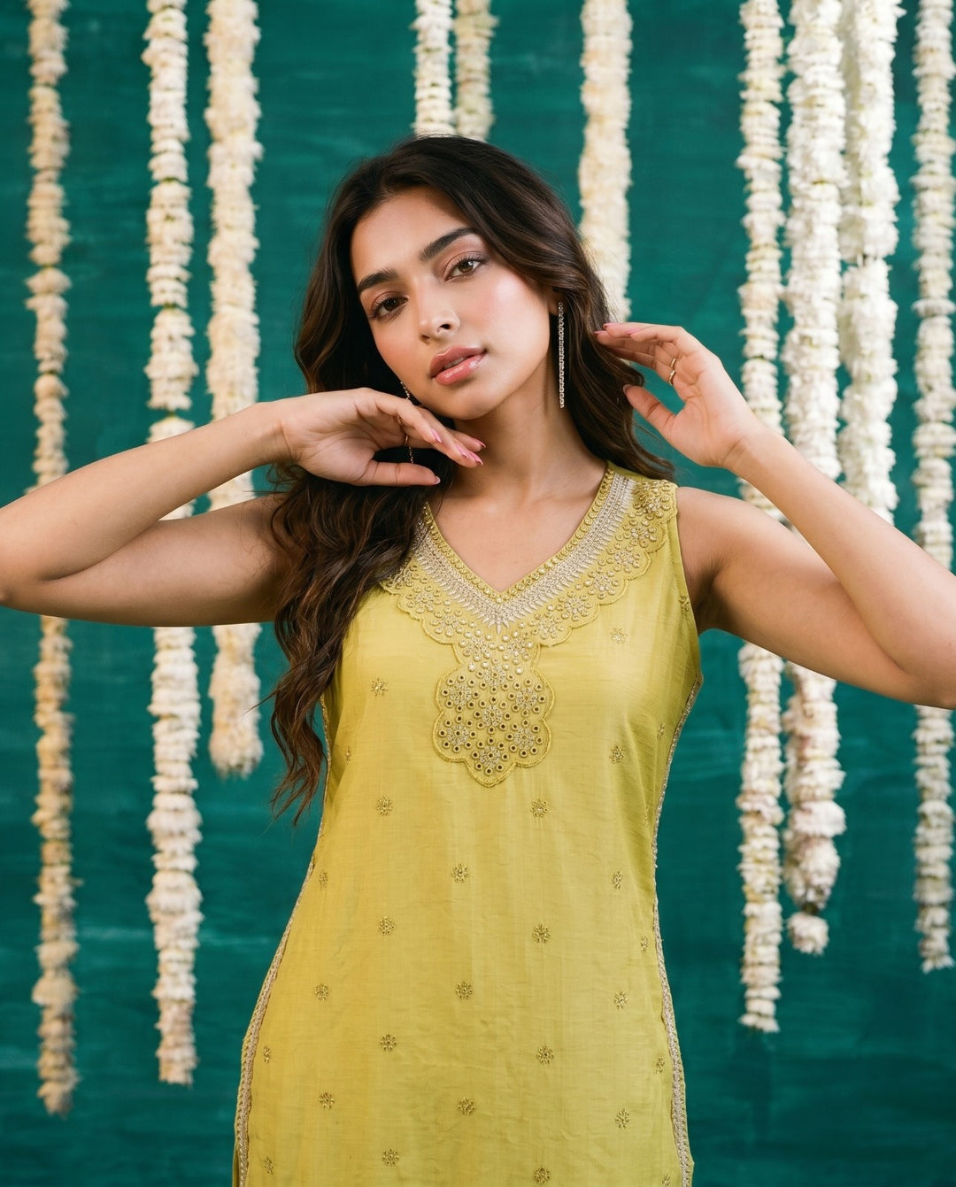 Yellow Embroidered Viscose Blended Straight cut Long Kurta