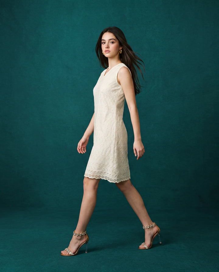 Cream Embroidered Cotton Midi Dress
