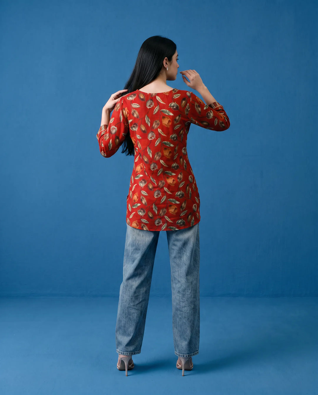 Red Printed Viscose Blended Short Kurti