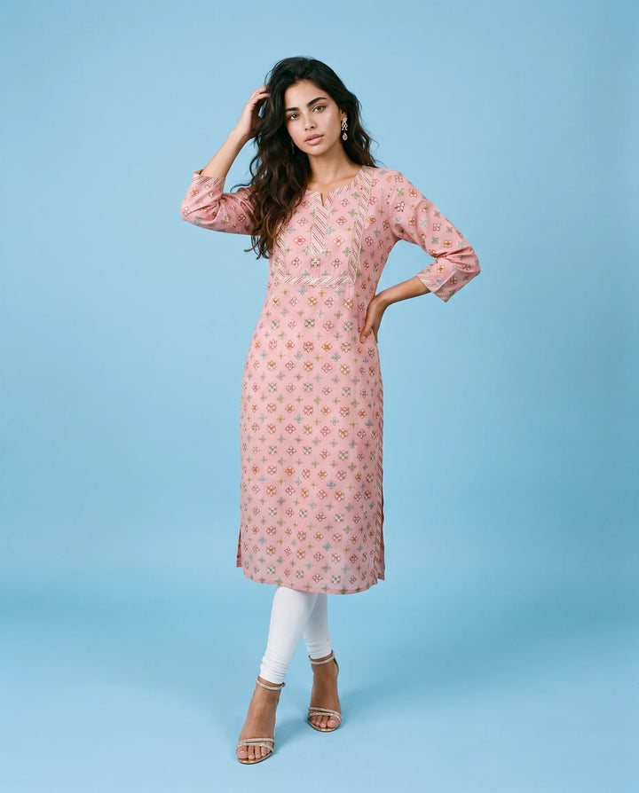Pink Printed Viscose Blended Straight cut Long Kurta