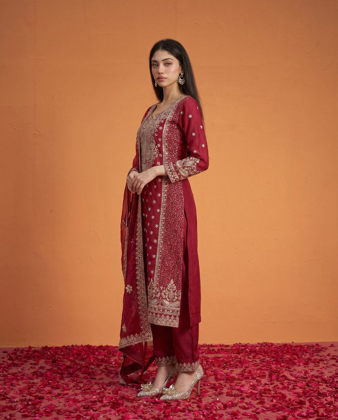 Magenta Embriodered Viscose Blended Kurta Bottom Dupatta Set