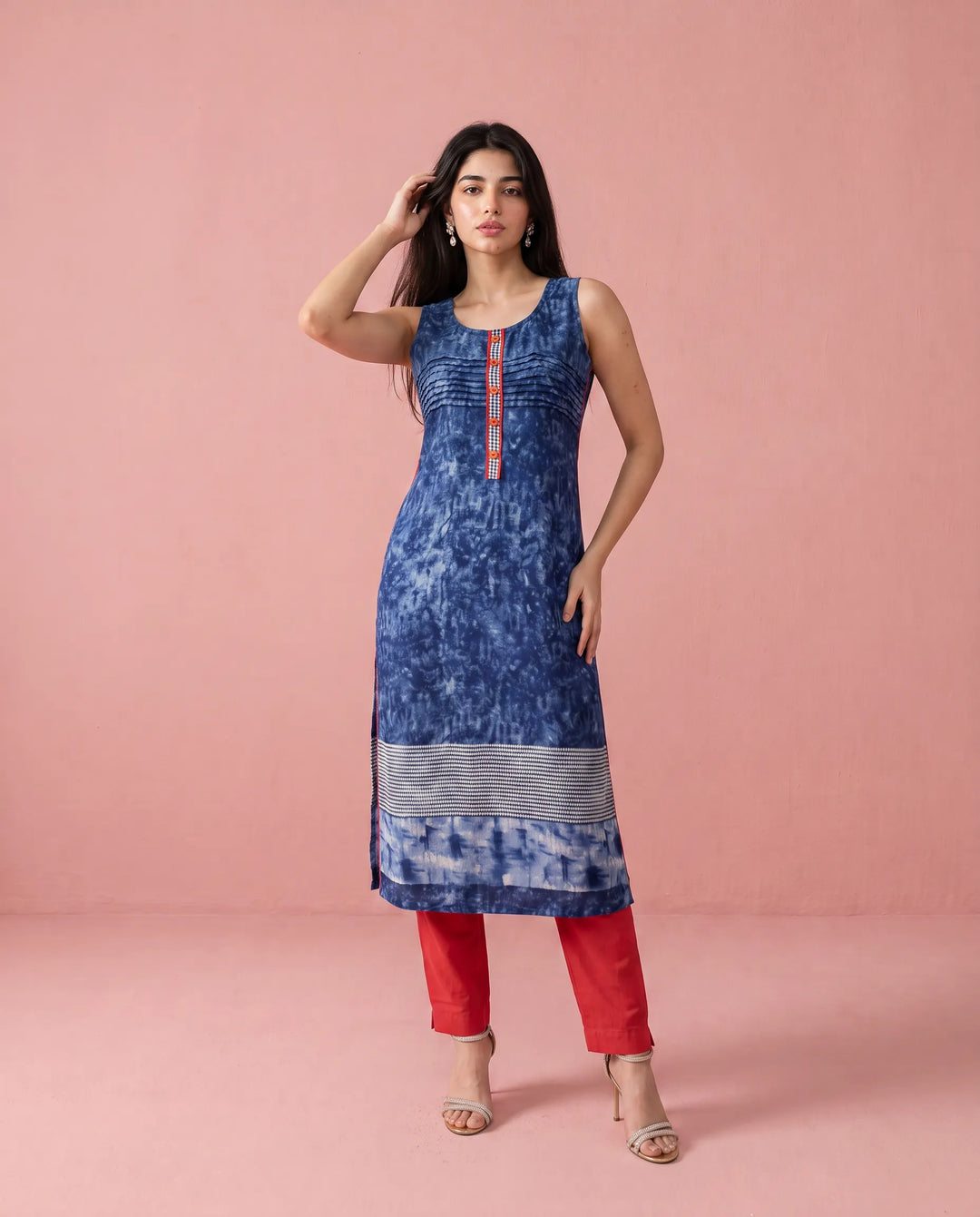 Navy Printed Viscose Blended Straight cut Long Kurta