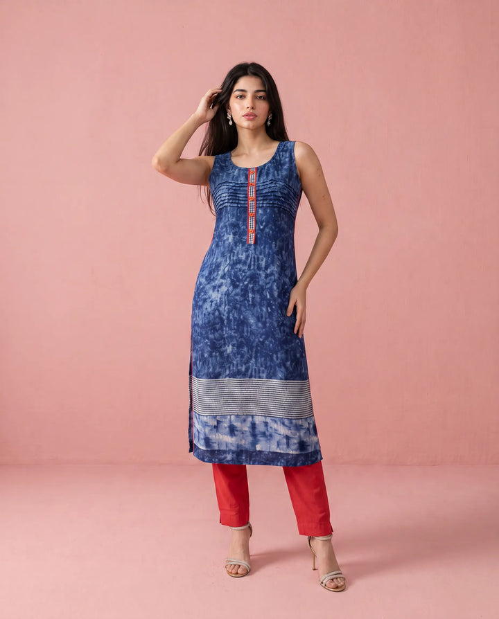 Navy Printed Viscose Blended Straight cut Long Kurta