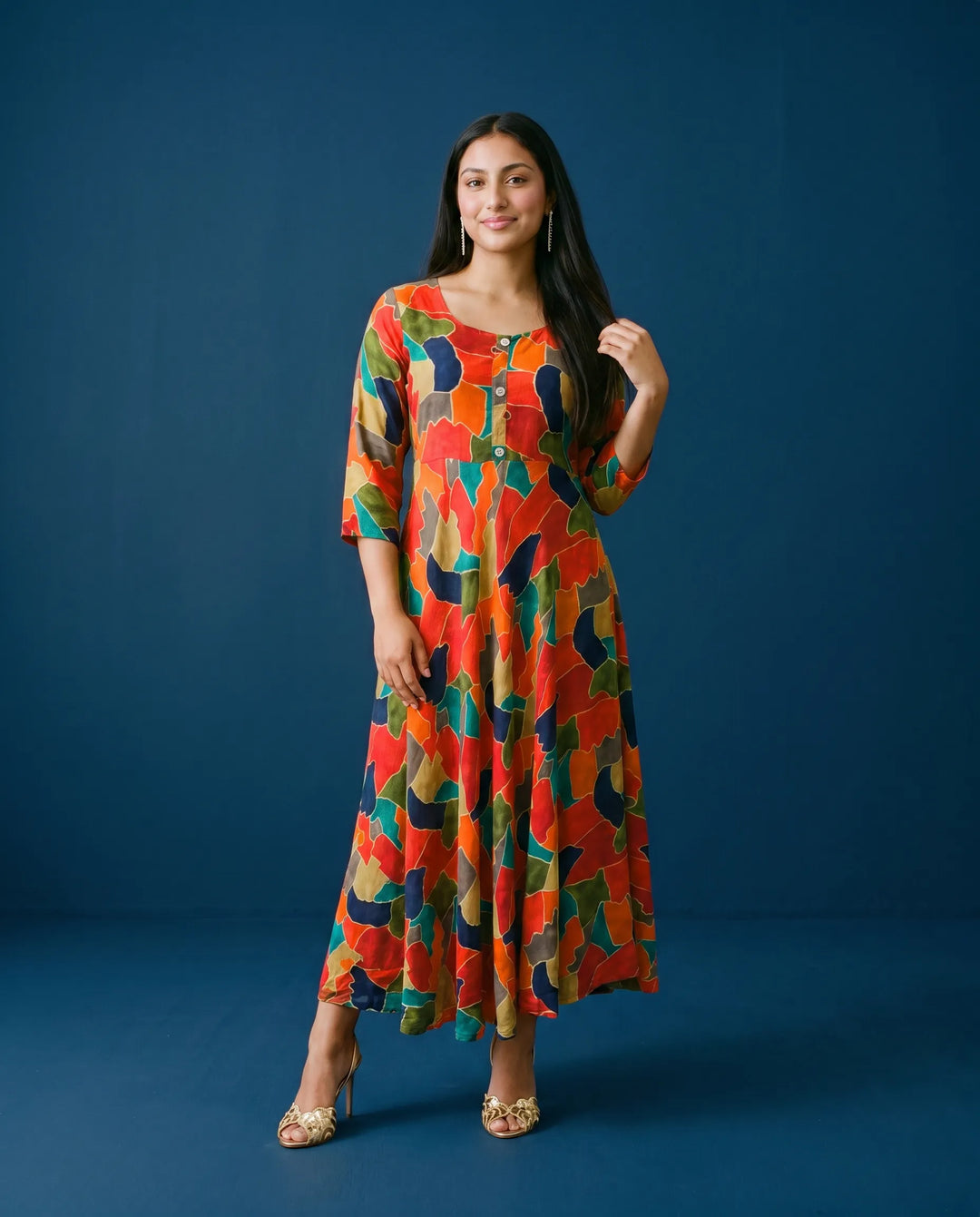 Multi Colour Printed Rayon Maxi Dress