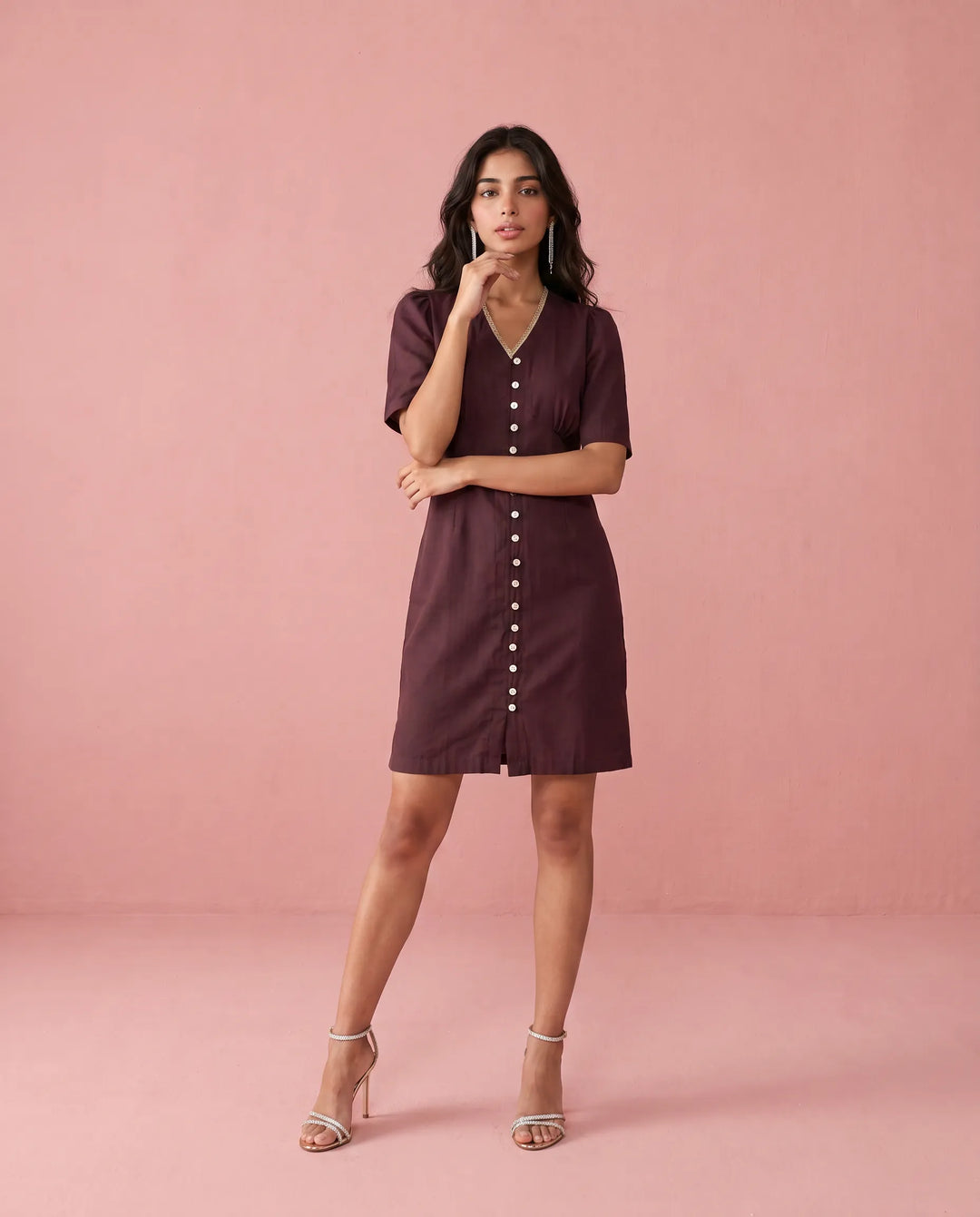 Wine Solid Viscose Blended Midi Dress