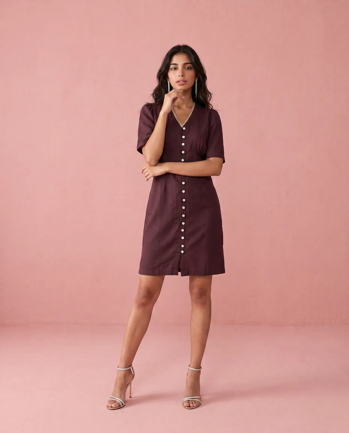 Wine Solid Viscose Blended Midi Dress