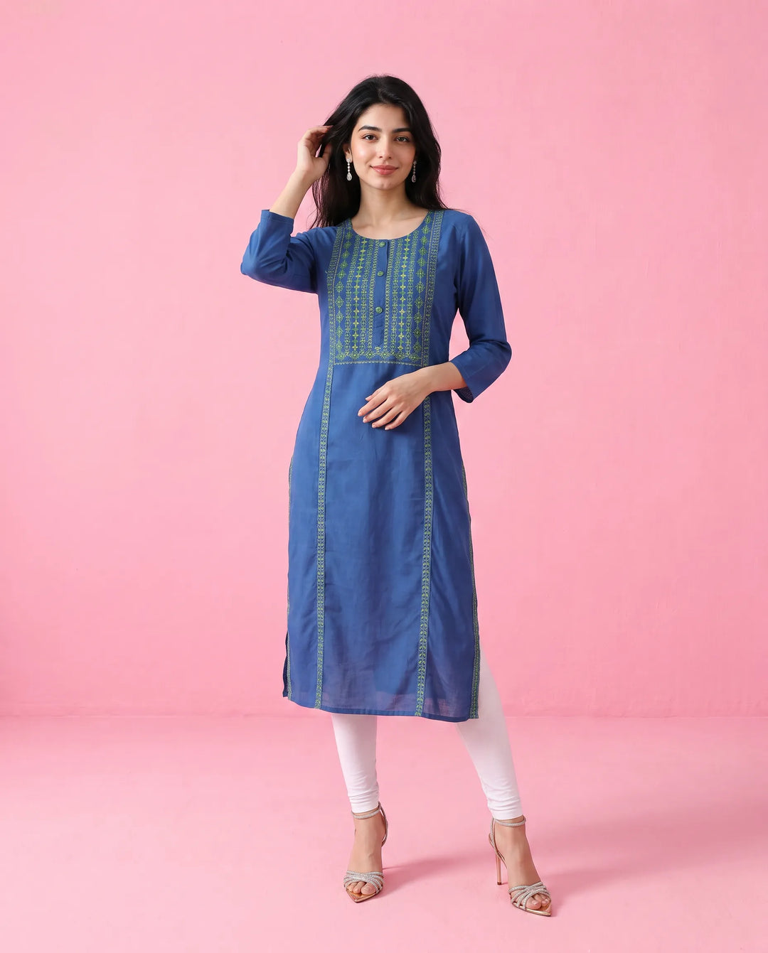 Navy Embroidered Rayon Straight Cut Long Kurta