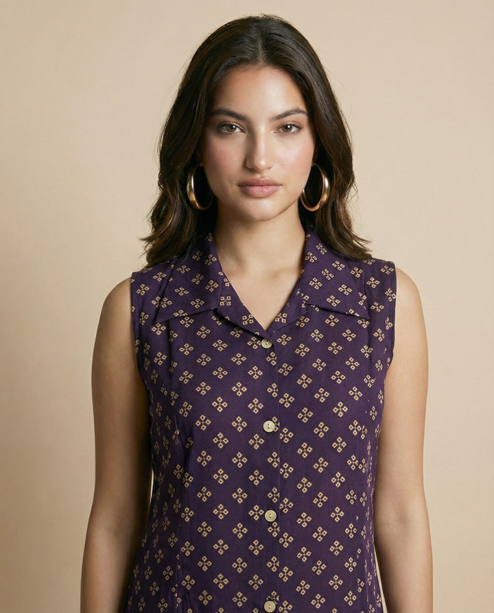 Purple Printed Viscose Blended Midi Dress