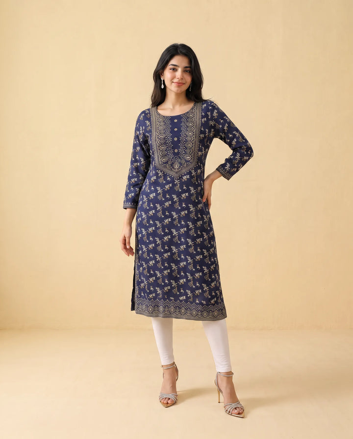 Navy Printed Cotton Straight Cut Long Kurta
