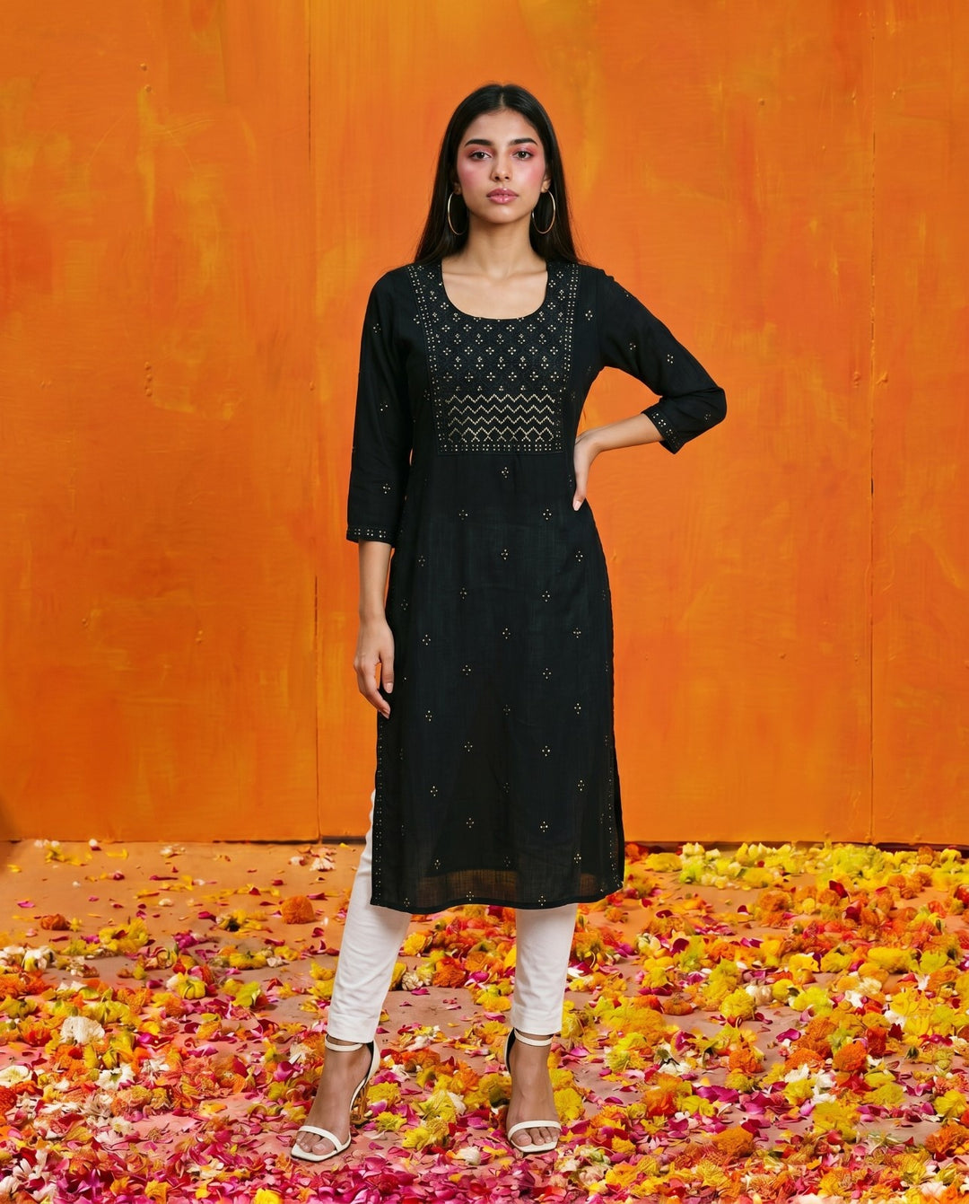 Black Embroidered Viscose Blended Straight cut Long Kurta