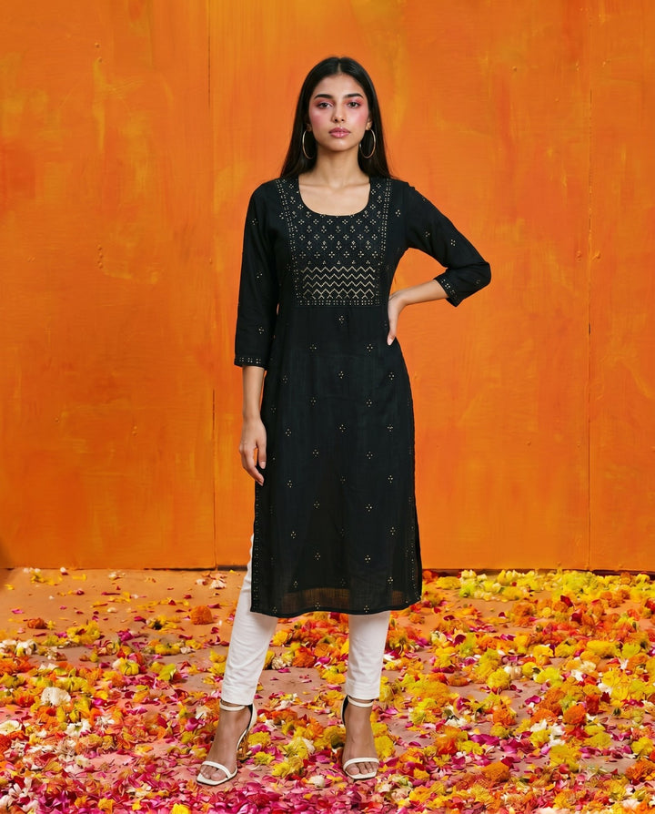 Black Embroidered Viscose Blended Straight cut Long Kurta