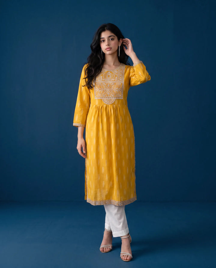 Yellow Embroidered Cotton Straight cut Long Kurta