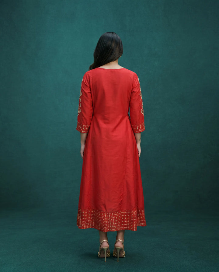 Red Embriodered Silk Blended Maxi Dress