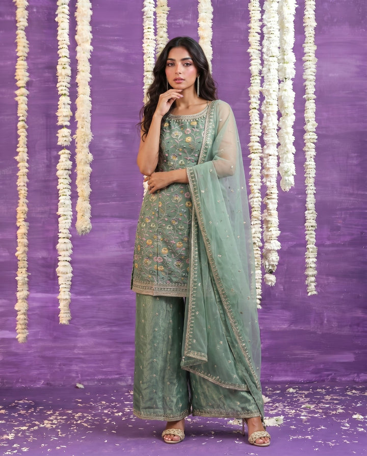 Sea Green Embriodered Silk Blended Spaghetti Strap Kurta Bottom Dupatta Set