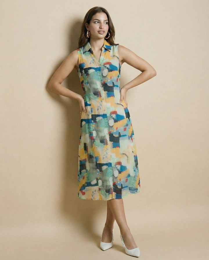 Multi-colour Printed Cotton Blended Midi Dress