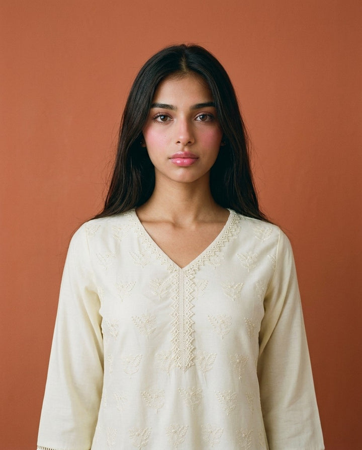 Cream Embriodered Cotton Short Kurti
